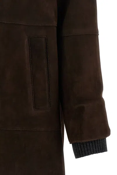 P.a.r.o.s.h Suede Coat With Knit Insert And Front Button Closure In Brown