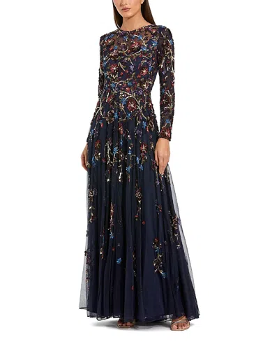Mac Duggal Beaded Mesh Long Sleeve High Neck A Line Gown In Black