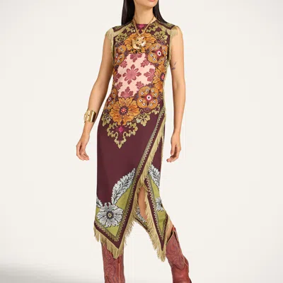 La Doublej Valkyrie Asymmetric Fringed Printed Silk Dress In Multi