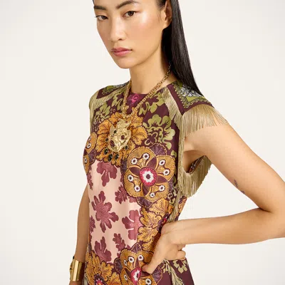 La Doublej Valkyrie Asymmetric Fringed Printed Silk Dress In Multi