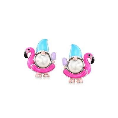 Ross-simons 6.5-7mm Cultured Pearl And Multicolored Enamel Flamingo Floatie Gnome Earrings In Sterling Silver In Multi