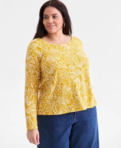 Style & Co Women's Printed Long-sleeve Scoop-neck Top, Macy's Exclusive In Yellow