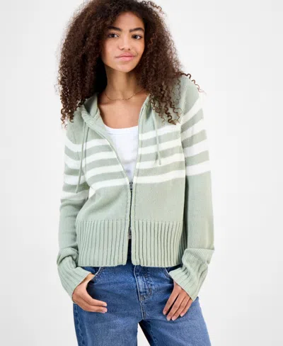 Hooked Up By Iot Juniors' Striped Hooded Zippered Sweater In Green