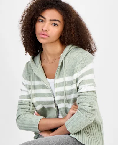 Hooked Up By Iot Juniors' Striped Hooded Zippered Sweater In Green