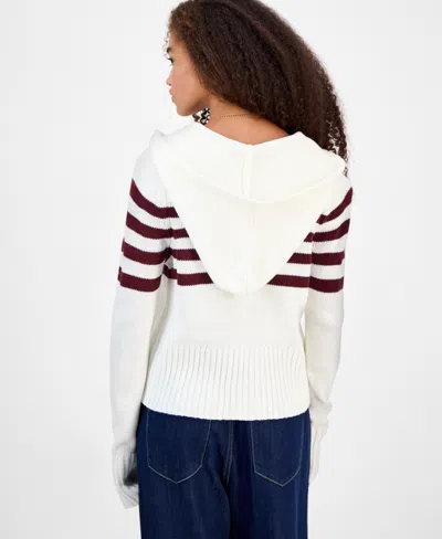 Hooked Up By Iot Juniors' Striped Hooded Zippered Sweater In White