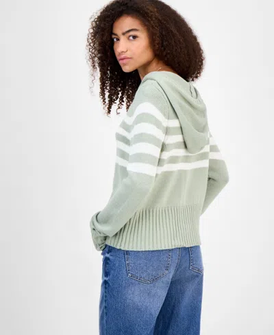 Hooked Up By Iot Juniors' Striped Hooded Zippered Sweater In Green