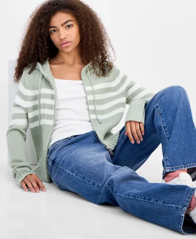 Hooked Up By Iot Juniors' Striped Hooded Zippered Sweater In Green