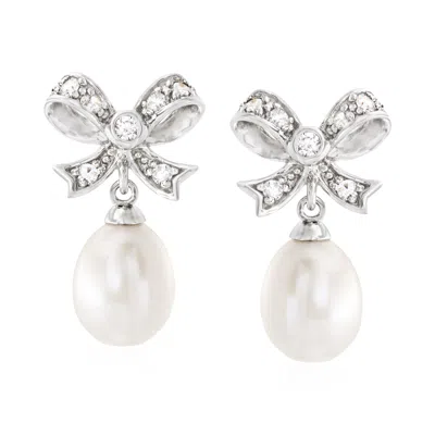 Ross-simons 8-9mm Cultured Pearl And . White Topaz Bow Drop Earrings In Sterling Silver In Metallic