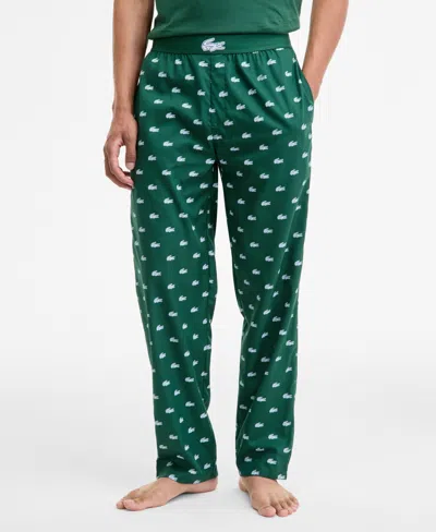 Lacoste Logo Print Cotton Pajama Pants In Green