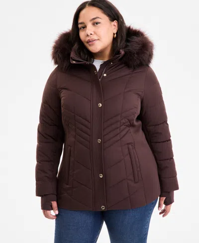 Michael Kors Michael  Plus Size Faux-fur-trim Hooded Puffer Coat, Exclusively At Macy's In Brown
