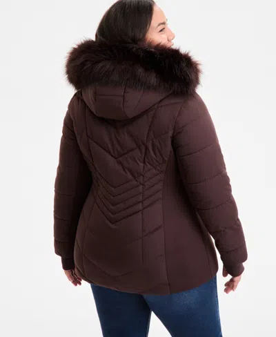Michael Kors Michael  Plus Size Faux-fur-trim Hooded Puffer Coat, Exclusively At Macy's In Brown