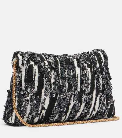 Dries Van Noten Two-tone Pleated Jacquard Clutch With Sequin Detail In Black