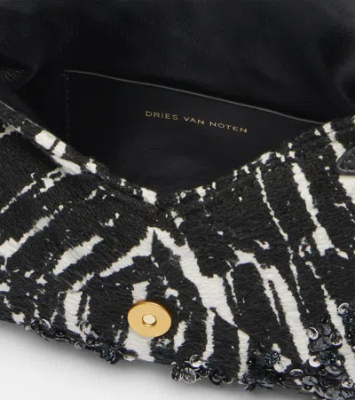 Dries Van Noten Two-tone Pleated Jacquard Clutch With Sequin Detail In Black