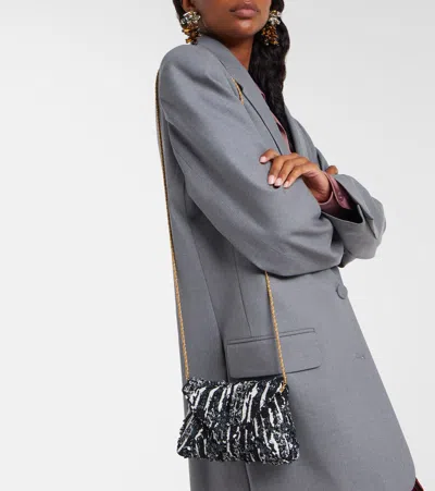 Dries Van Noten Two-tone Pleated Jacquard Clutch With Sequin Detail In Black