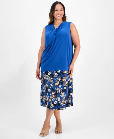Kasper Plus Size Sleeveless Knot-neck Top In Blue