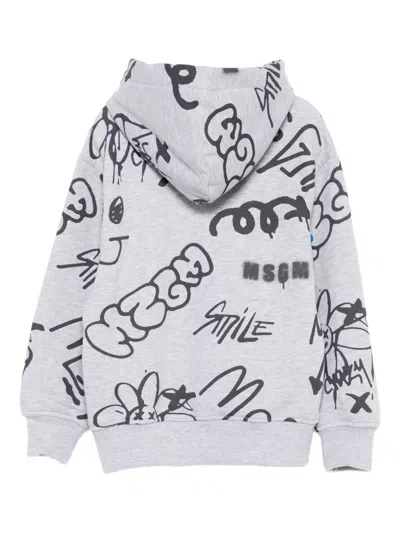 Msgm Graffiti-print Hooded Top In Gray