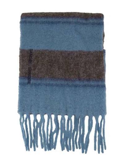 Samsoe & Samsoe Striped Fringed Scarf In Blue