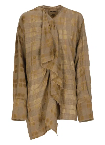 Uma Wang Draped Front Long Sleeve Wool Blend Top In Gold