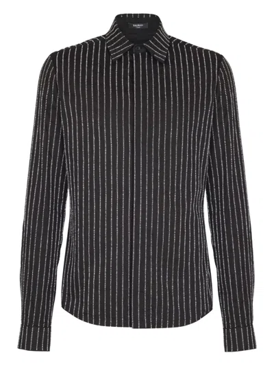 Balmain Cotton Shirt With Crystal Stripes In Black