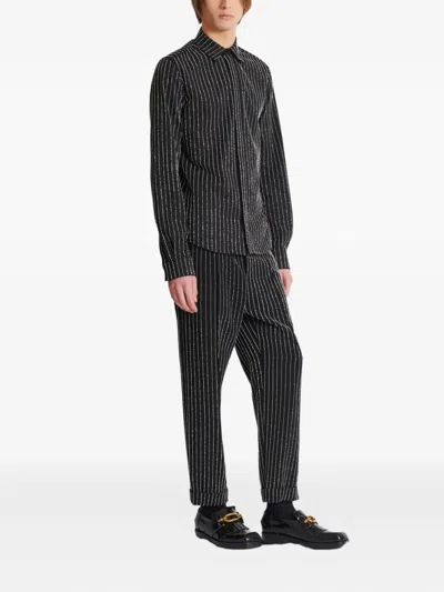 Balmain Cotton Shirt With Crystal Stripes In Black