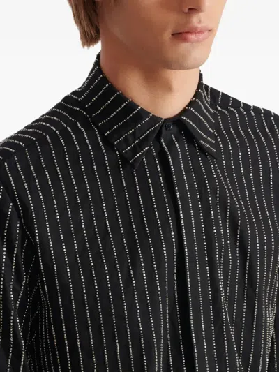 Balmain Cotton Shirt With Crystal Stripes In Black