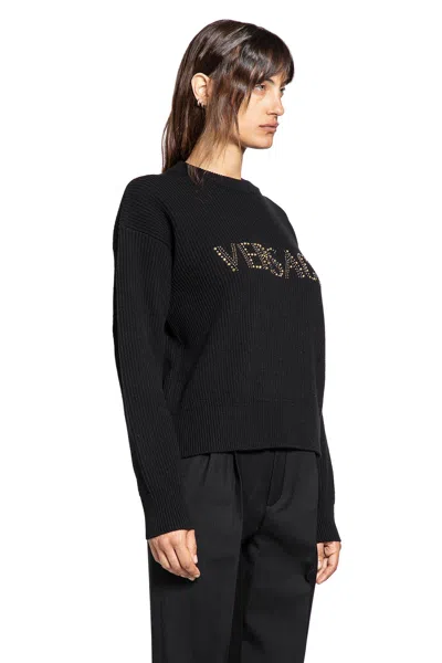 Versace Studs Logo Embroidery Wool Knit Sweater Black In Black