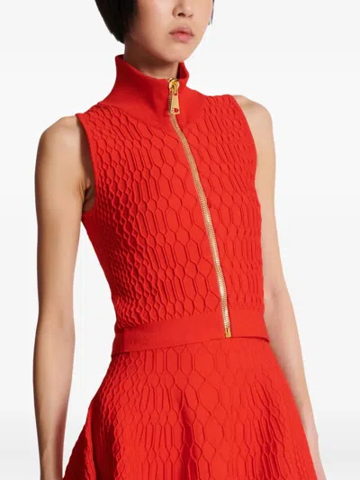 Balmain Textured High Neck Sleeveless Top In Red