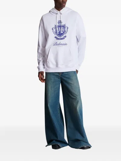 Balmain College Emblem Logo Graphic Hoodie In White