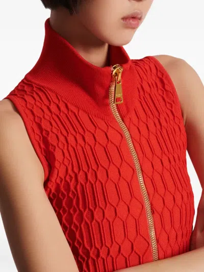 Balmain Textured High Neck Sleeveless Top In Red