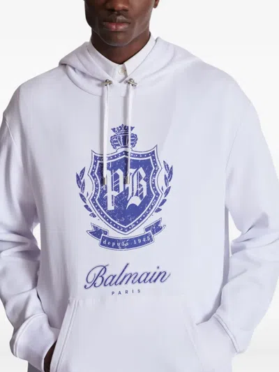 Balmain College Emblem Logo Graphic Hoodie In White