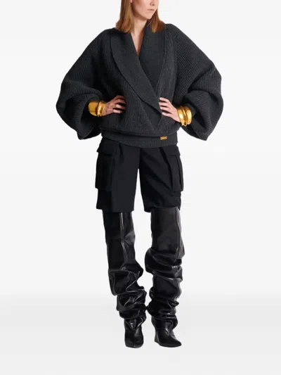 Balmain Oversized Ribbed Knit Pullover With Shawl Collar In Gray