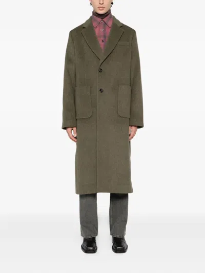 Our Legacy Long Wool Blend Coat With Notch Lapel In Green