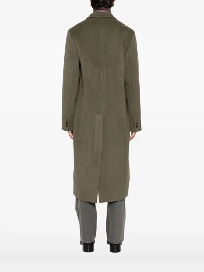 Our Legacy Long Wool Blend Coat With Notch Lapel In Green