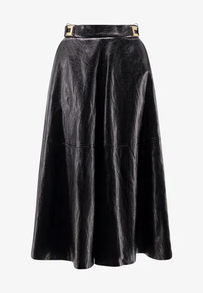Elisabetta Franchi Crackled Leather-effect Synthetic Maxi Skirt With Flared Hem In Black