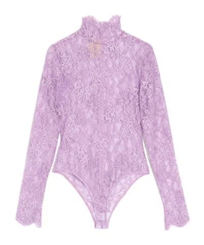 Valentino Purple Floral Lace Bodysuit In Purple