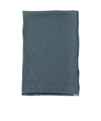 Fendi Ff Silk Stole Rectangular Shape Frayed Edges In Blue