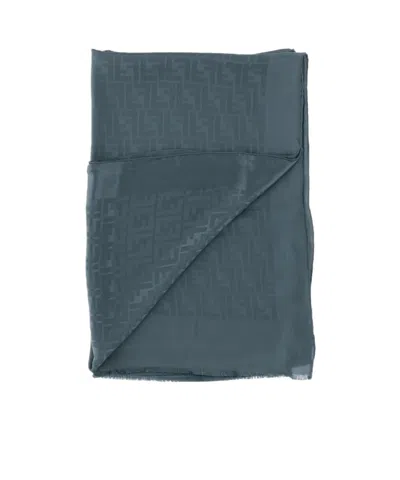 Fendi Ff Silk Stole Rectangular Shape Frayed Edges In Blue