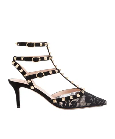 Valentino 65mm Rockstud Lace Stud Pumps In Black