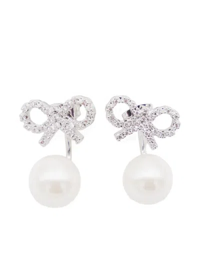 Self-portrait Metallic Earings With Bow Charm And Faux-peal Detail In Brass Woman In White