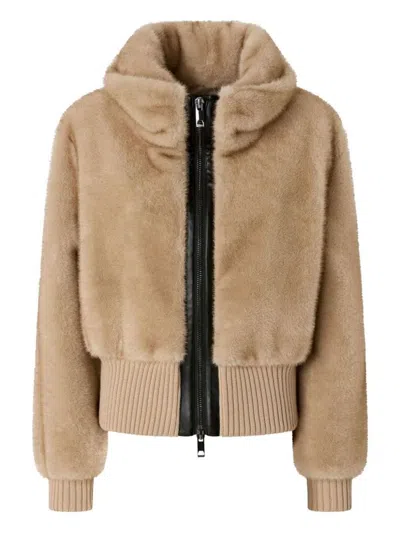 Pinko Cropped Plush Coat With High Collar In Brown