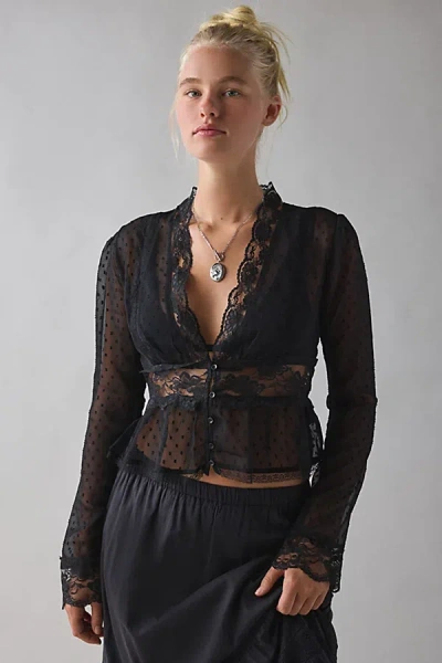 Kimchi Blue Dolly Sheer Swiss Dot Lace Trim Babydoll Blouse In Black, Women's At Urban Outfitters In Black