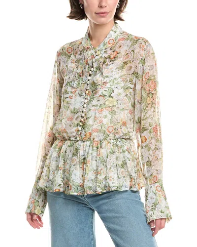 Rebecca Taylor All Over Floral On Viscose Chiffon Tie Front Blouse In Multi