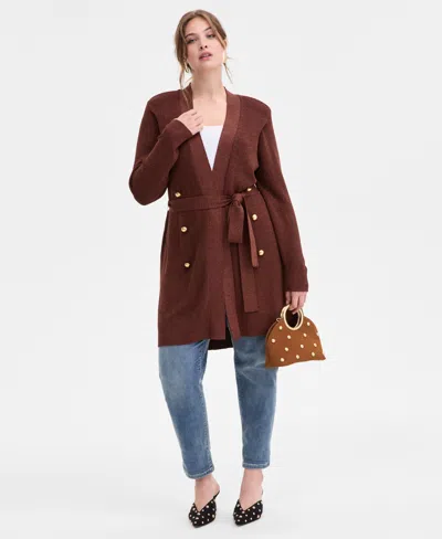 Inc International Concepts Plus Size Metallic Double-breasted Cardigan, Created For Macy's In Burgundy