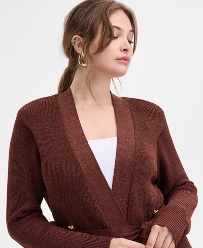 Inc International Concepts Plus Size Metallic Double-breasted Cardigan, Created For Macy's In Burgundy