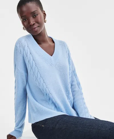 Charter Club Petite Cashmere Angled Cable V-neck Sweater, Macy's Exclusive In Blue