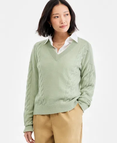 Charter Club Women's 100% Cashmere Placed Cable-knit V-neck Sweater, Macy's Exclusive In Green