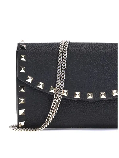 Valentino Garavani Rockstud Leather Wallet On Chain In Black