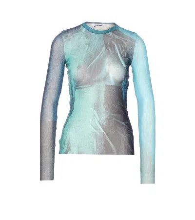 Jean Paul Gaultier Crew Neck Sheer Abstract Print Top In Blue