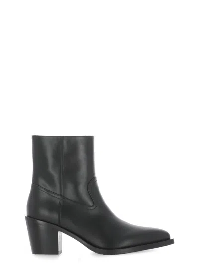 Stuart Weitzman Leather Block Heel Ankle Boots With Pointed Toe In Black