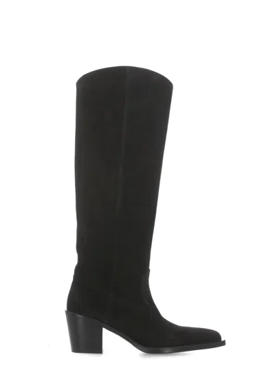 Stuart Weitzman Under-the-knee 5050 Suede And Fabric Boots In Black